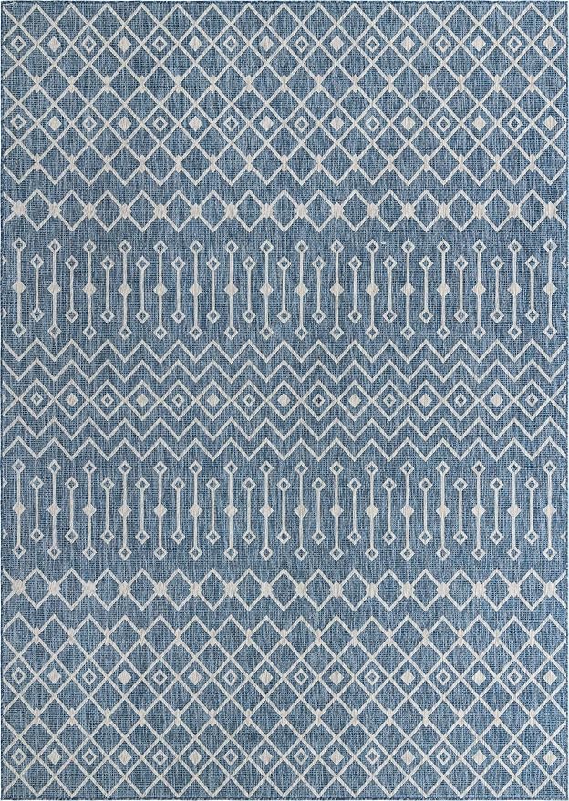 Unique Loom Outdoor Trellis Collection Area Rug - Tribal Trellis (10' x 14' 1" Rectangle, Blue/ Ivory)
