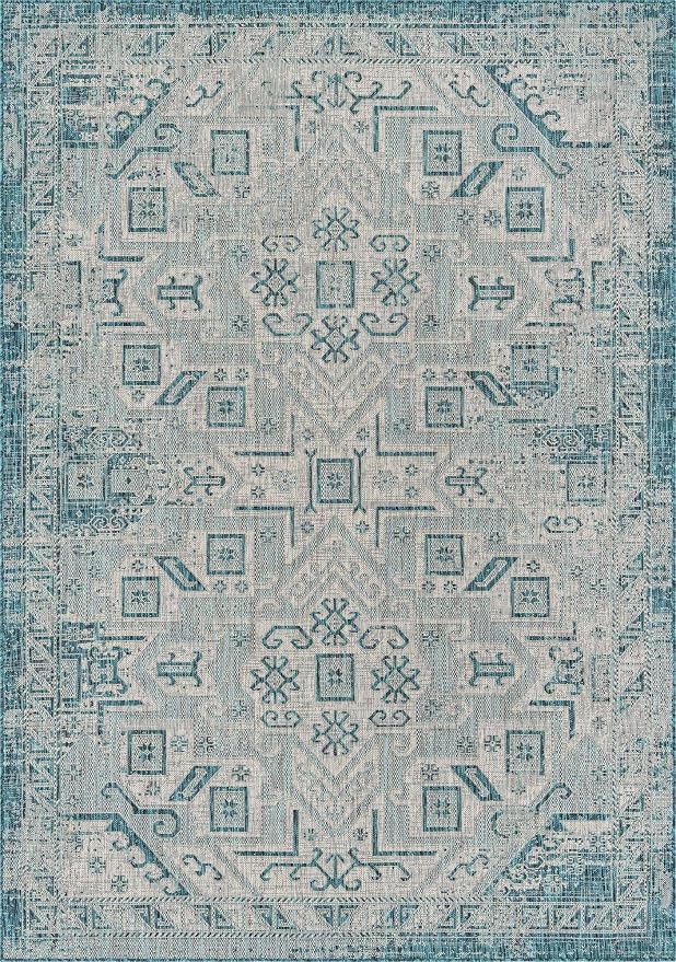 Unique Loom Outdoor Aztec Collection Area Rug - Coba (7' 1" x 10' Rectangle, Teal/ Ivory)