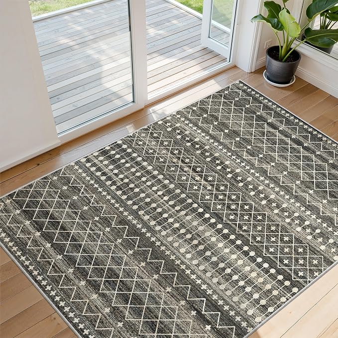 Miukiki 3x4 Washable Area Rug Moroccan Soft Non Slip Entryway Rug Black | Machine Washable 3x4 Rug for Bedroom Kitchen Living Room, Low Pile Indoor Floor Carpet with Vintage Pattern