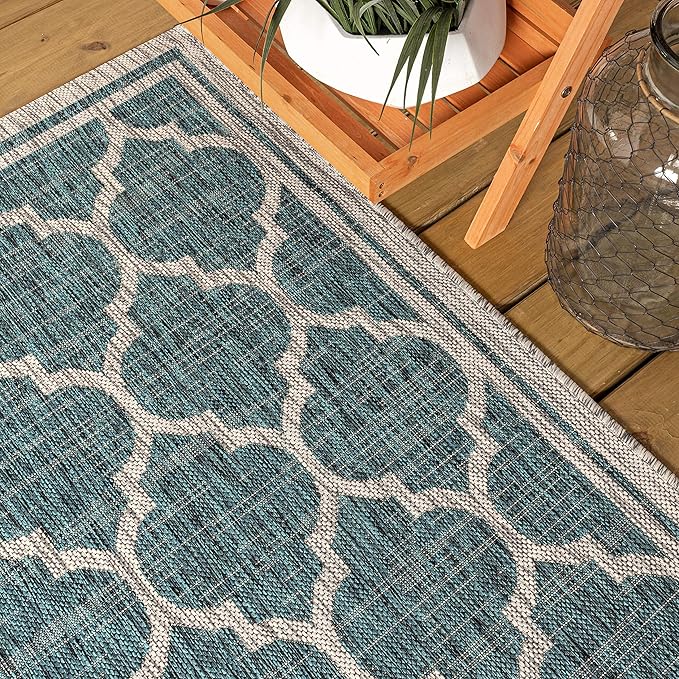 JONATHAN Y Moroccan Trellis Indoor Outdoor Round Area Rug 4 Ft Teal/Gray, Trebol Textured Weave for Backyard, Patio, Porch, Easy-Cleaning, High Traffic, Pet-Friendly, Non-Shedding (SMB109E-4R)