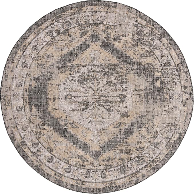 Unique Loom Outdoor Traditional Collection Area Rug - Valeria (10' Round, Charcoal/ Natural)