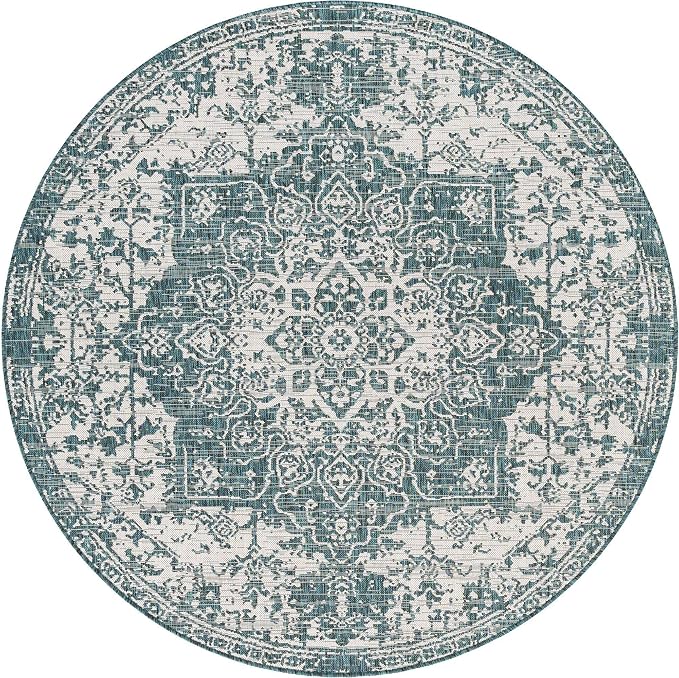 Unique Loom Jill Zarin Outdoor Collection Area Rug - Dubai (6' 7'' Round, Teal/ Ivory)