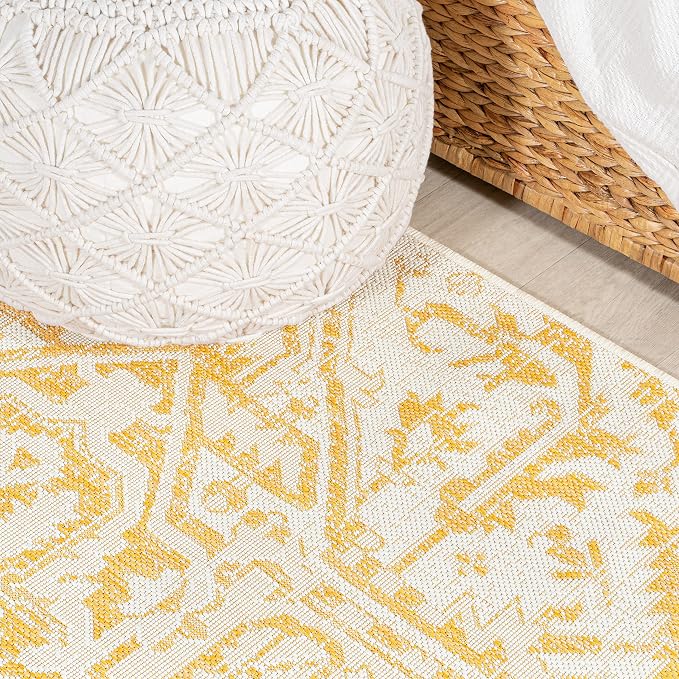 JONATHAN Y Boho Medallion Indoor Outdoor Square Area Rug 5X5 Cream/Yellow, Estrella Textured Weave for Backyard, Patio, Porch, Easy-Cleaning, High Traffic, Pet-Friendly, Non-Shedding (SMB105H-5SQ)