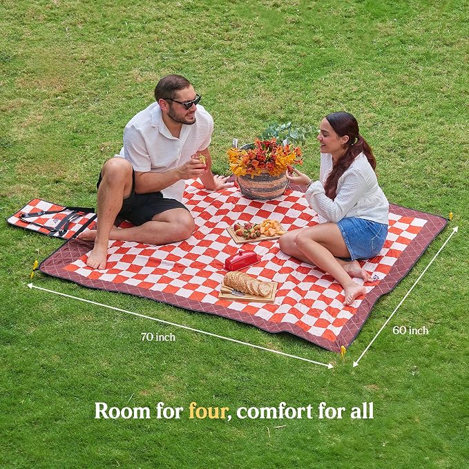 Cozy Club Waterproof Picnic Blanket – Foldable Outdoor Mat 60x70 with Stakes, Pocket & Shoulder Strap | Sandproof Beach Blanket for Festivals, Camping & Travel | Self-Packing | Terracotta | US Brand