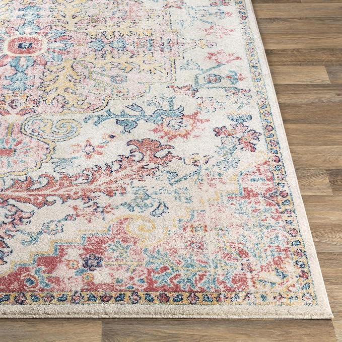 Livabliss Area Rugs - 5x7 Odelia Vintage Boho Red Off-White Blue Area Rug for Living Room Bedroom - Floral Medallion Stain Resistant Carpet for Kitchen, Nursery, Office (5'3" x 7'3")