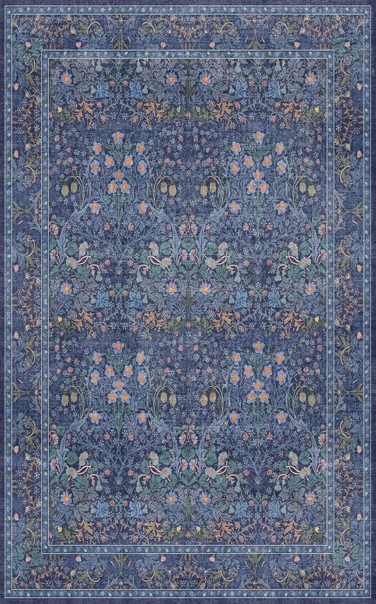 Vintage Dark Blue Living Room Rug 5x8 Area Rug - Vintage Floral Forest Washable Mat for Dining Room, Bedroom, Low Pile Non Slip Stain Resistance Distressed Retro Indoor Boho Floral Carpet