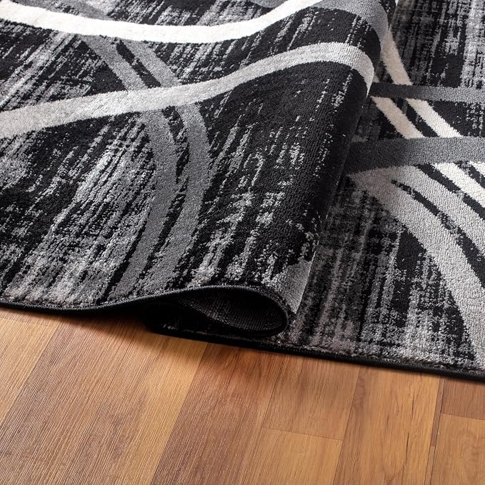 Rugshop Wavy Circles Modern Non-Shedding Living Room Round Rug Black 6'6" | Round, Bedroom, Dining Room, Home Office, Kitchen, Entryway, Hallway, Nursery, Kids Room, Guest Room, High Traffic Area