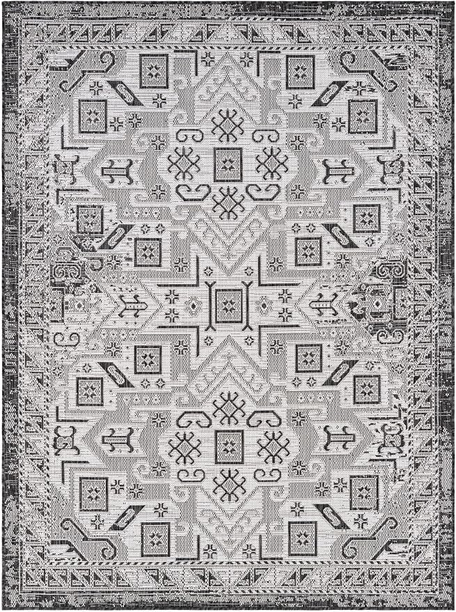 Unique Loom Outdoor Aztec Collection Area Rug - Coba (5' 3" x 7' 1" Rectangle Charcoal Gray/Ivory)
