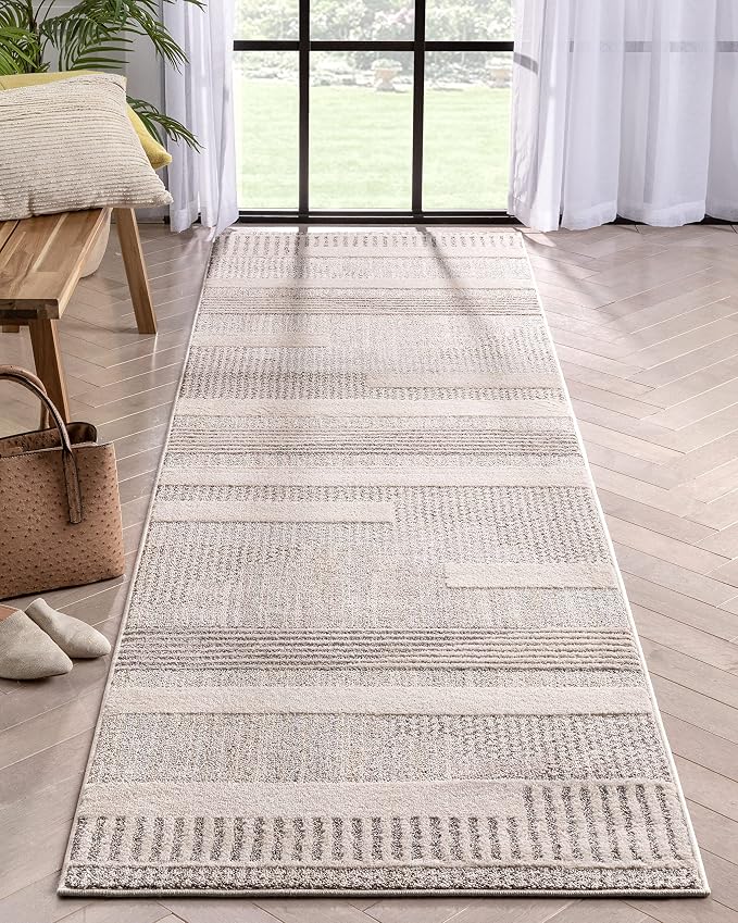 Well Woven Harlow Collection Briar Beige - Modern Tribal Minimalist Geometric 3x10 Runner Rug - Ideal for Hallway & Bedroom - Durable, Stain Resistant & Easy to Clean