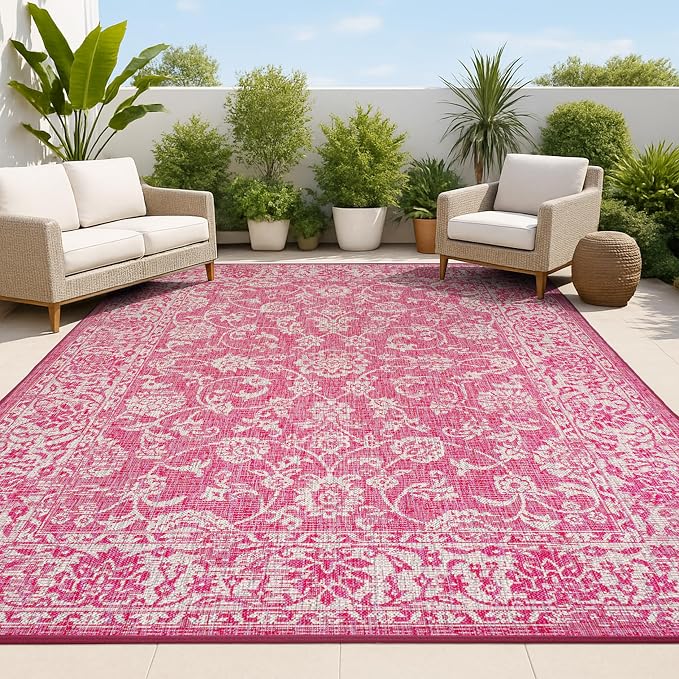 JONATHAN Y Weave Floral Indoor Outdoor Area Rug 9X12 Fuchsia/Light Gray, Tela Bohemian Textured for Backyard, Patio, Porch, Easy-Cleaning, High Traffic, Pet-Friendly, Non-Shedding (SMB100G-9)