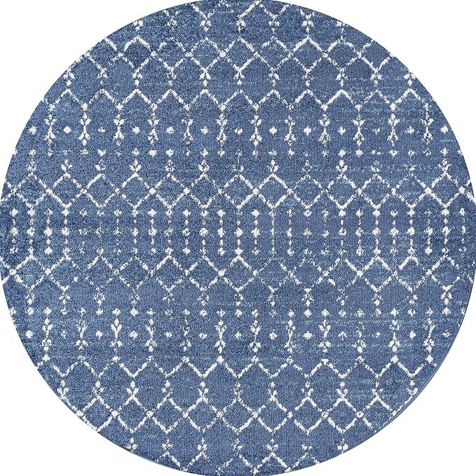 JONATHAN Y Boho Vintage Diamond Blue/White Round Area Rug 5 ft, Moroccan Hype for Living Room, Bedroom, Kitchen, Office, Easy-Cleaning, High Traffic, Pet-Friendly, Non-Shedding (MOH101A-5R)