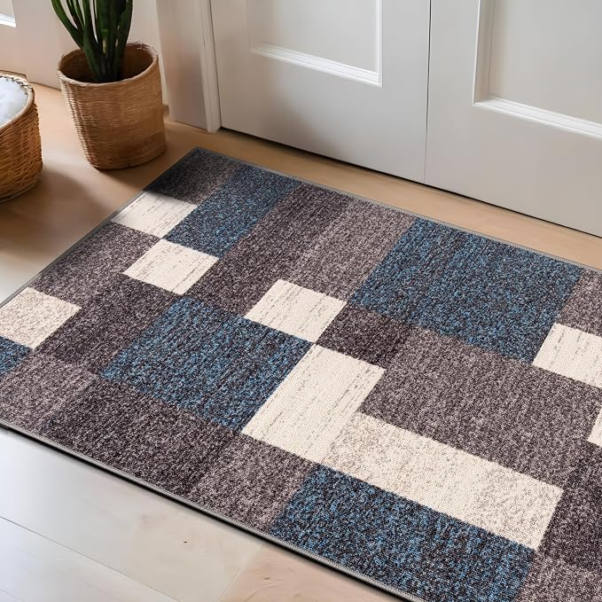 Rugshop Modern Boxes Non-Slip Living Room Kitchen Area Rug Blue 2'7" x 4' | Rectangular, Size 2'7" x 4', Bedroom, Dining Room, Home Office, Entryway, Hallway, Nursery, Kids Room, Guest Room, Bedside