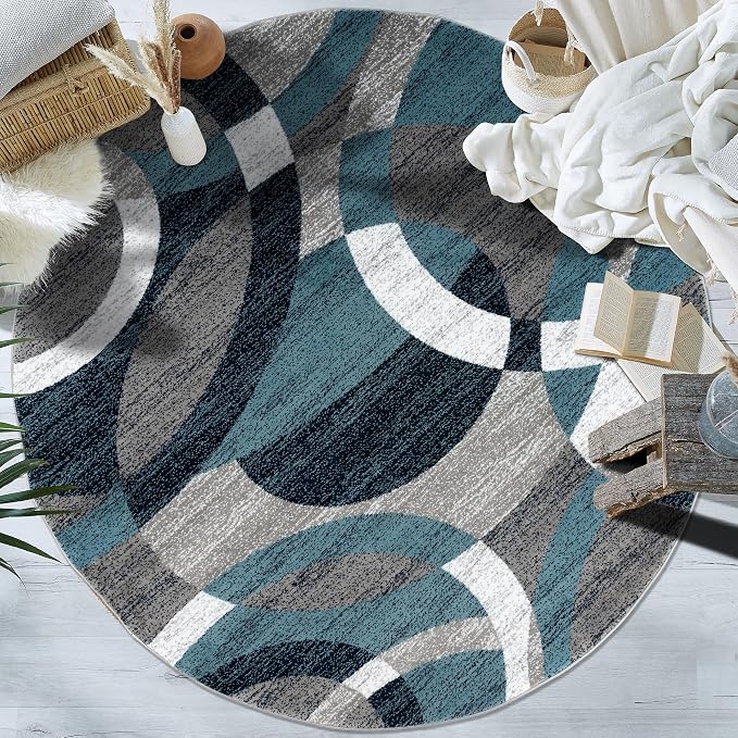 Rugshop Abstract Circles Contemporary High Traffic Round Rug Blue 6'6" | Round, Living Room, Bedroom, Dining Room, Home Office, Kitchen, Entryway, Hallway, Nursery, Kids Room, Guest Room