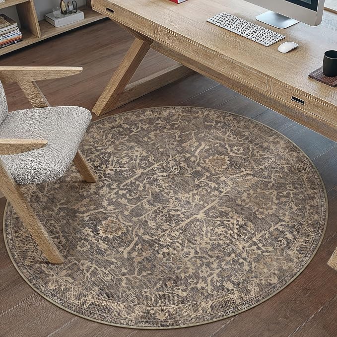 4ft Brown Vintage Floral Washable Round Rug for Entryway | Low Pile, Non Slip, Retro Style, Soft Distressed Indoor Rug for Living Room, Bedroom, Office, Laundry Room, Home Decor
