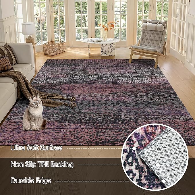 Washable Area Rug - 1/6 Thick - Stain & Water Resistant Non-Slip - Resistant Rug for Living Room, Bedroom, Nursery, Pet & Child Friendly, Vintage Charm Area Rugs (Burgundy, 5' x 7')