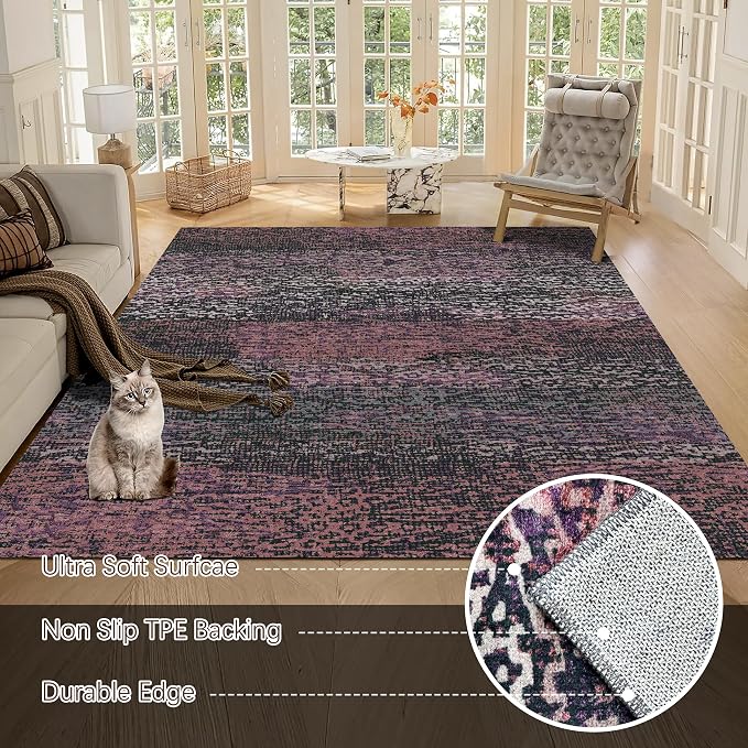 Washable Area Rug - 1/6 Thick - Stain & Water Resistant Non-Slip - Resistant Rug for Living Room, Bedroom, Nursery, Pet & Child Friendly, Vintage Charm Area Rugs (Burgundy, 6' x 9')