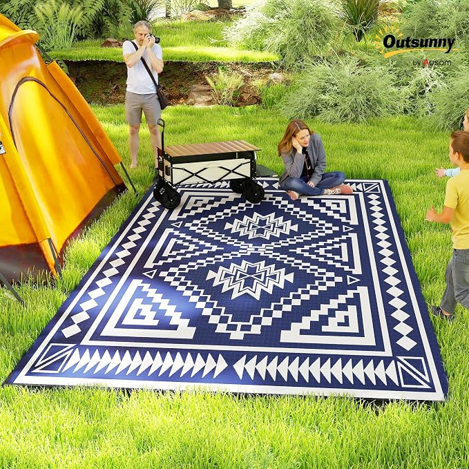 Outsunny Outdoor Rug for Patio, 9' x 18' Waterproof Large Mat, Reversible Plastic Straw Rug for Decor, Portable Outside RV Camping Area Carpet Mat for Backyard Porch Deck Picnic, Blue & White Square