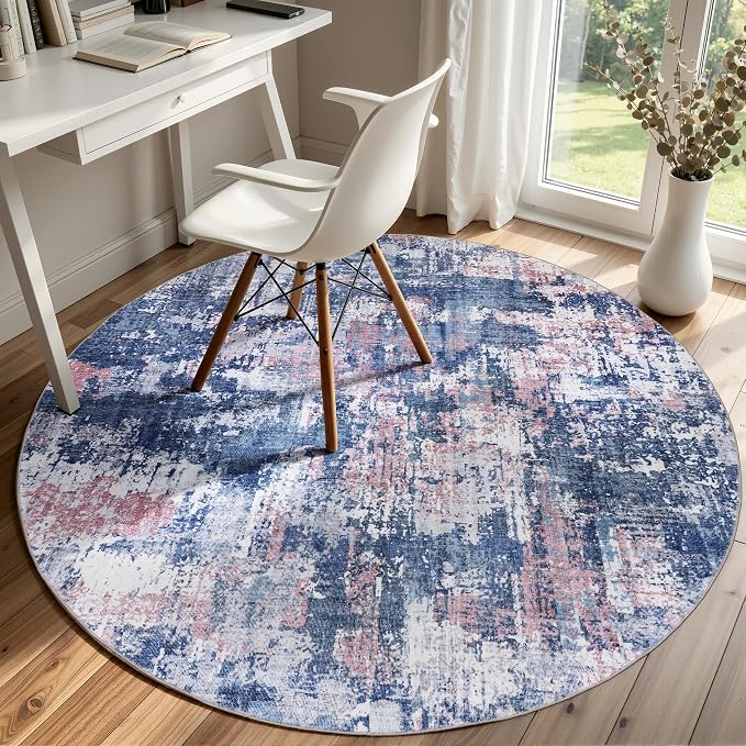 Sasttie 4ft Round Area Rug, Modern Abstract Circle Carpet, Pink & Blue | Machine Washable, Ultra-Soft Faux Wool, Low Pile, Non-Slip, Lightweight, Thin, for Living Room, Bedroom, Dinning Room & Dorm
