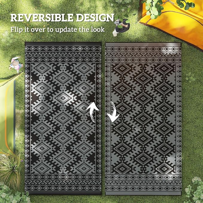 Outsunny Outdoor Rug for Patio, 9' x 18' Waterproof Large Mat, Reversible Plastic Straw Rug for Decor, Portable Outside RV Camping Area Carpet Mat for Backyard Porch Deck Picnic, Black & Gray Rhombus