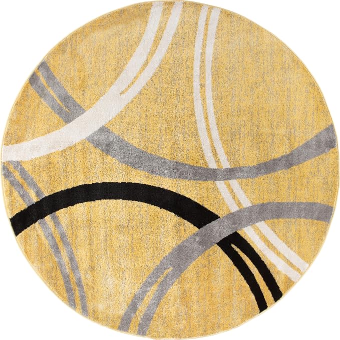 Rugshop Wavy Circles Fade-Resistant Living Room Round Rug Yellow 6'6" | Round, Bedroom, Dining Room, Home Office, Kitchen, Entryway, Hallway, Nursery, Kids Room, Guest Room, High Traffic Area