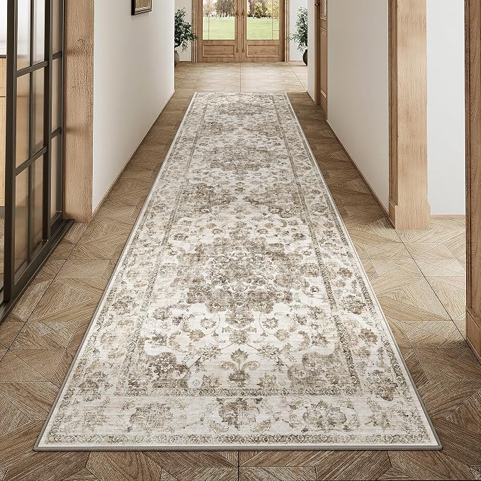 2x8 Brown Neutral Runner Rug | Washable, Non Slip, Soft Low Pile, Vintage Farmhouse, for Hallway Kitchen Laundry Bathroom Bedroom Living Room Home Decor