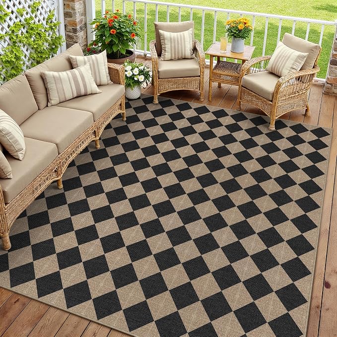 PureCozy 9x12 Checkered Easy Jute Area Rug for Living Room Large Checkerboard Washable Indoor Outdoor Carpet Farmhouse Patio Office Mat Textured Diamond Non Slip Black Carpet for Backyard Dining Room