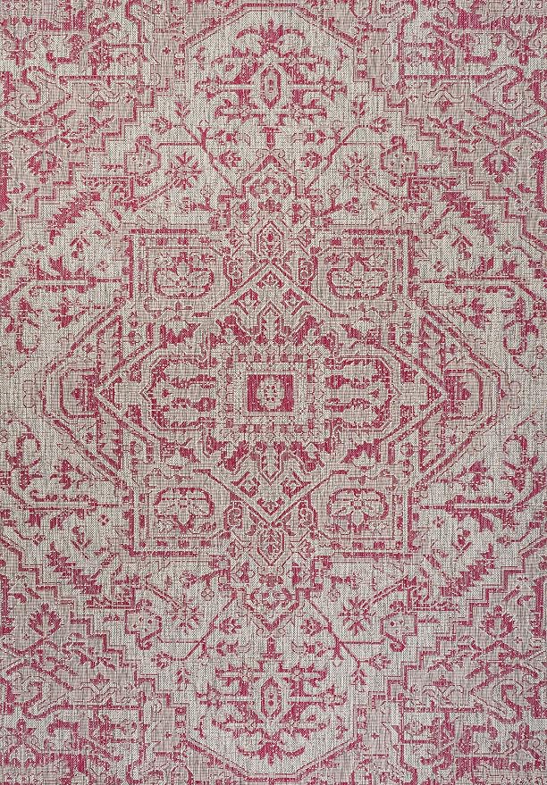 JONATHAN Y Boho Medallion Indoor Outdoor Area Rug 4X6 Light Gray/Fuchsia, Estrella Textured Weave for Backyard, Patio, Porch, Easy-Cleaning, High Traffic, Pet-Friendly, Non-Shedding (SMB105F-4)