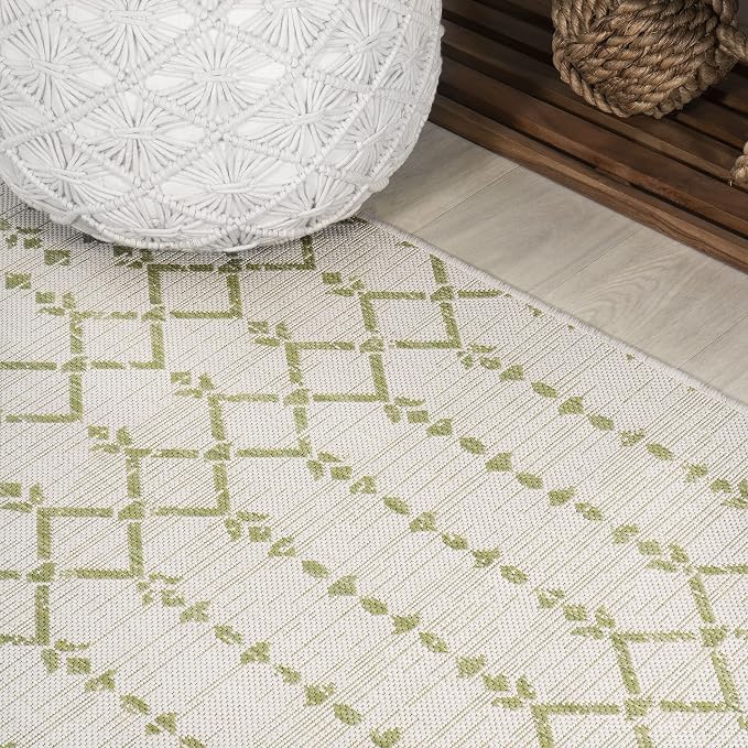 JONATHAN Y Moroccan Geometric Indoor Outdoor Square Area Rug 5X5 Cream/Green, Ourika Textured Weave for Backyard, Patio, Porch, Easy-Cleaning, High Traffic, Pet-Friendly, Non-Shedding (SMB108M-5SQ)