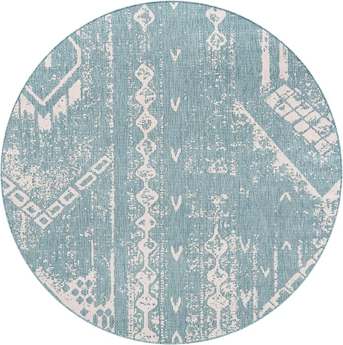 Unique Loom Outdoor Bohemian Collection Area Rug - Anthro (7' 10" Round, Light Aqua/ Ivory)