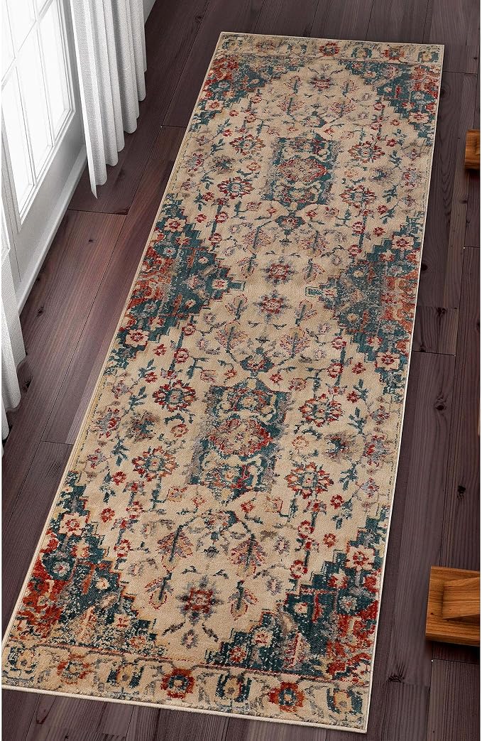 Superior Indoor Area Rug or Runner, Patchwork Rustic Leaves Floor Decor, Soft Plush Rugs for Living Room, Kitchen, Dining, Aesthetic Home Accessories, Zelder Collection 2ft 7in x 8ft - Ivory-Teal