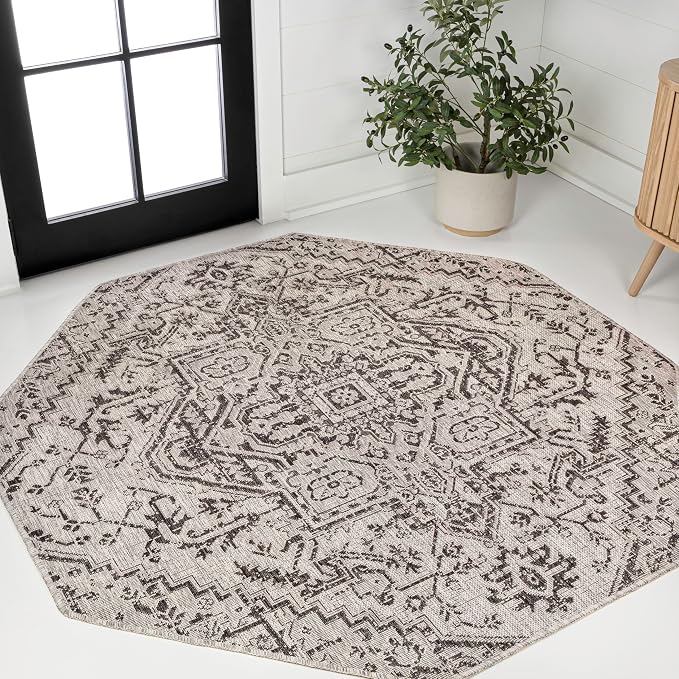 JONATHAN Y Boho Medallion Indoor Outdoor Octagon Area Rug 8 Ft Black/Gray, Estrella Textured Weave for Backyard, Patio, Porch, Easy-Cleaning, High Traffic, Pet-Friendly, Non-Shedding (SMB105D-8TGN)