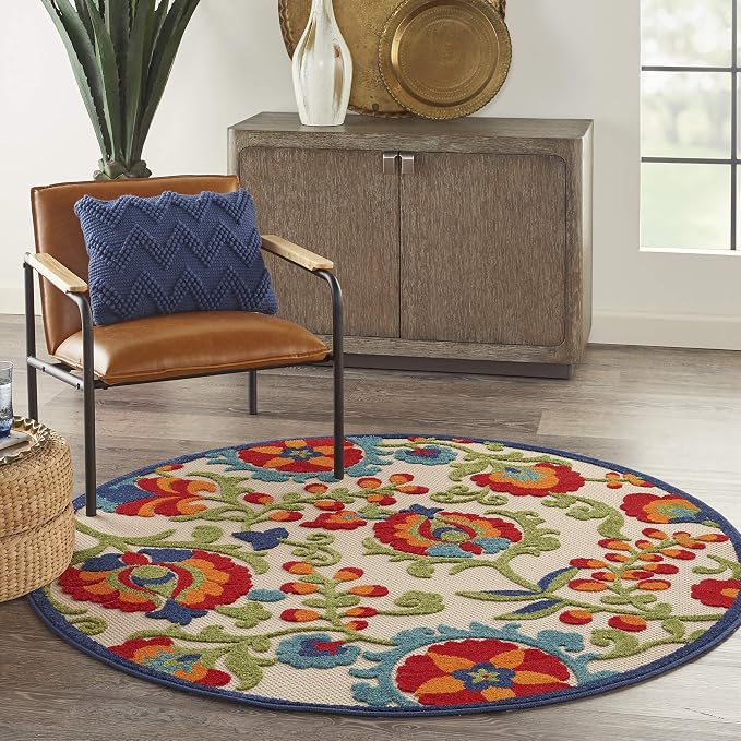 Nourison Home Aloha Multicolor 4' x Round Area Rug - Easy Clean, Non Shedding, Bed Room, Living Room, Dining Room, Kitchen (4' x Round)