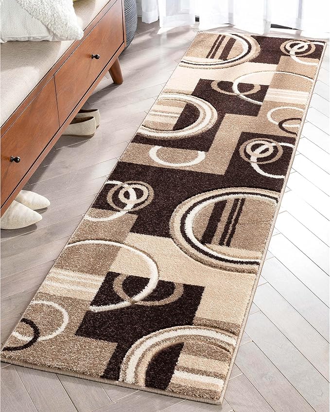 Well Woven Ruby Echo Shapes & Circles Geometric Ivory and Beige 2 by 7 Runner Rug - Beveled Circle Design, Medium Pile Contemporary Carpet, Durable Stain Resistant Hallway Runner, Hand-Carved Texture