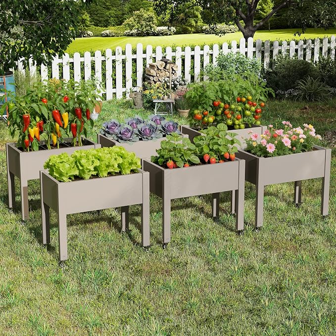 Elevated 26.3" Tall Raised Garden Bed with Wheels - Outdoor Mobile Resin Planter Box with Drainage Holes for Vegetables Flower Herbs, Weather Resistant, Medium Gray (26.3" h)