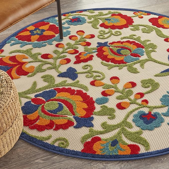 Nourison Home Aloha Multicolor 4' x Round Area Rug - Easy Clean, Non Shedding, Bed Room, Living Room, Dining Room, Kitchen (4' x Round)