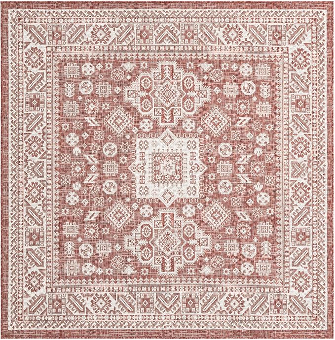 Unique Loom Outdoor Aztec Collection Area Rug - Chalca (6' 1" Square Rust Red/Ivory)