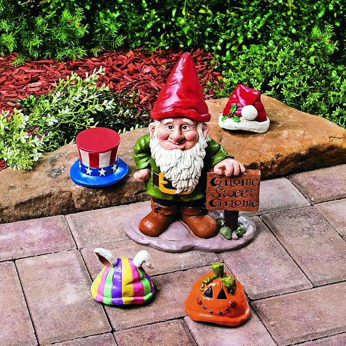Fun Express Garden Gnomes Outdoor Statue | 5 Interchangeable Seasonal Hats, Resin Gnome Figurines, Yard Decorations, Christmas Halloween Easter Holiday Gnome Decor