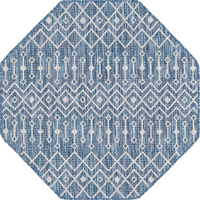 Unique Loom Outdoor Trellis Collection Area Rug - Tribal Trellis (4' 1" Octagon, Blue/ Ivory)