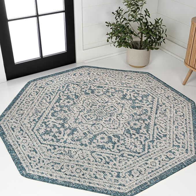 JONATHAN Y Medallion Weave Indoor Outdoor Octagon Area Rug 5 Ft Teal Blue/Gray, Sinjuri Textured for Backyard, Patio, Porch, Easy-Cleaning, High Traffic, Pet-Friendly, Non-Shedding (SMB101C-5TGN)