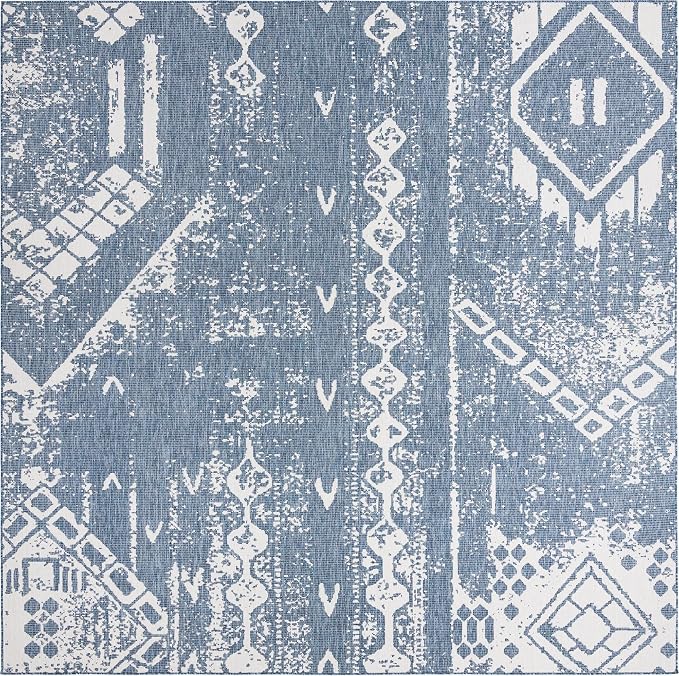 Unique Loom Outdoor Bohemian Collection Area Rug - Anthro (13' Square, Blue/ Ivory)