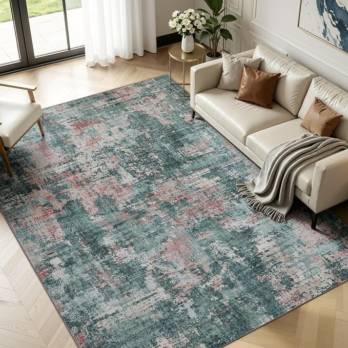 Sasttie 9x12 Washable Area Rug, Modern Abstract Large Carpet, Pink & Green | OEKO-TEX Certified, Ultra-Soft Faux Wool, Low Pile, Non-Slip, Lightweight, Thin, for Living Room, Bedroom, Dinning Room