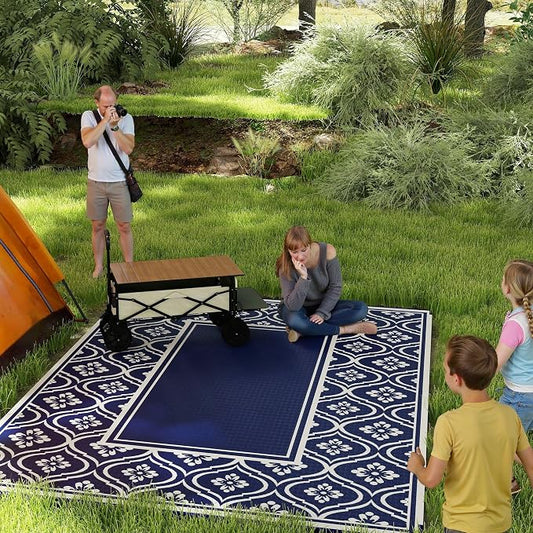 Outsunny Outdoor Rug for Patio, 9' x 12' Waterproof Large Mat, Reversible Plastic Straw Rug for Decor, Portable Outside RV Camping Area Carpet Mat for Backyard Porch Deck Picnic, Blue & White Gourd