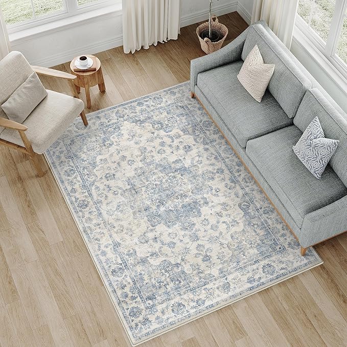 4x6 Blue Neutral Area Rug | Washable, Non Slip, Soft Low Pile, Vintage Farmhouse, for Entryway Kitchen Bathroom Living Room Bedroom Indoor Home Decor