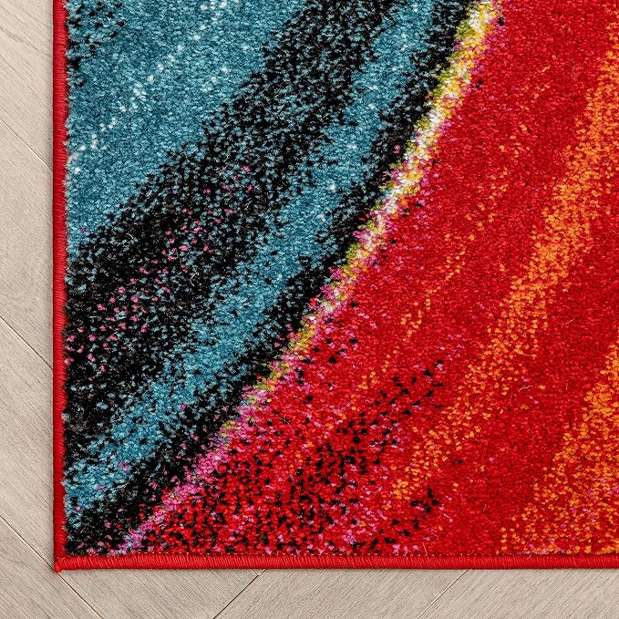 Well Woven Aurora Multi Red Yellow Orange SwirlLines ModernGeometric Abstract Brush Stroke Area Rug(7'10inx9'10in)Easy Clean Stain Fade Resistant Shed Free Contemporary Painting ArtStripe Thick Soft