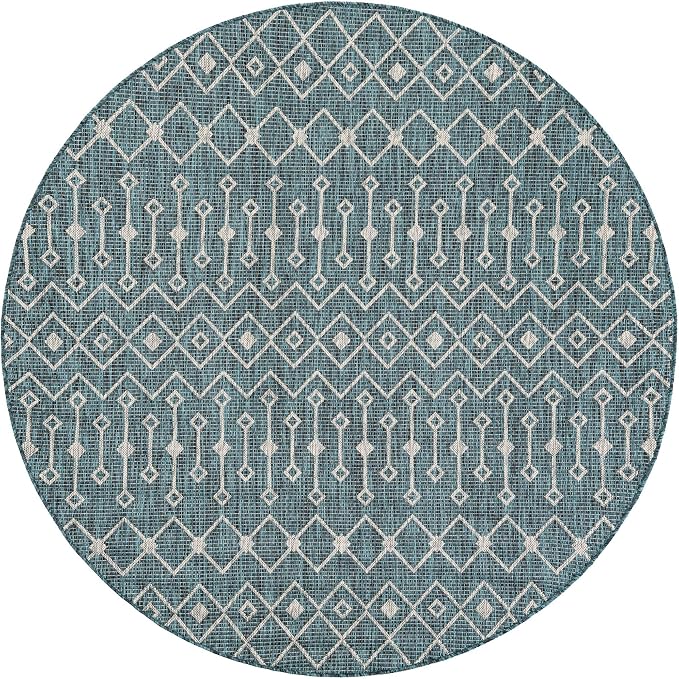 Unique Loom Outdoor Trellis Collection Area Rug - Tribal Trellis (6' 1" Round Teal/Ivory)