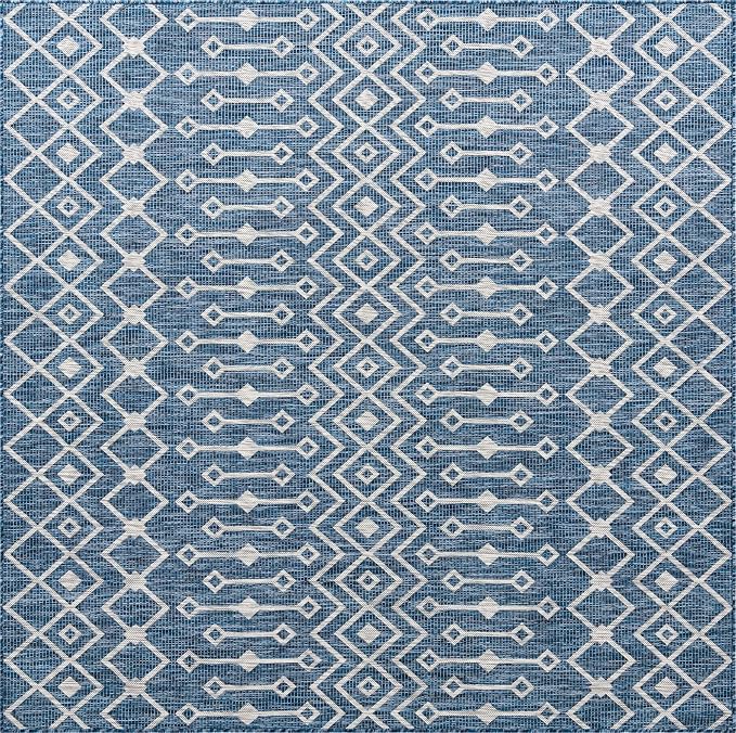 Unique Loom Outdoor Trellis Collection Area Rug - Tribal Trellis (8' Square, Blue/ Ivory)
