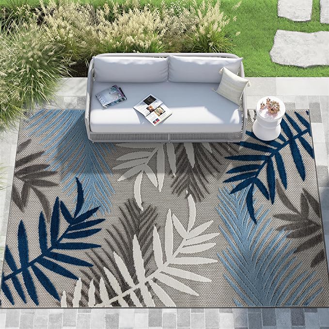 Rugshop Indoor/Outdoor Palm Leaf Area Rug, Non-Shedding Easy-Care Design for Backyard, Deck and Outdoor Lounge, Blue, 10' X 14'