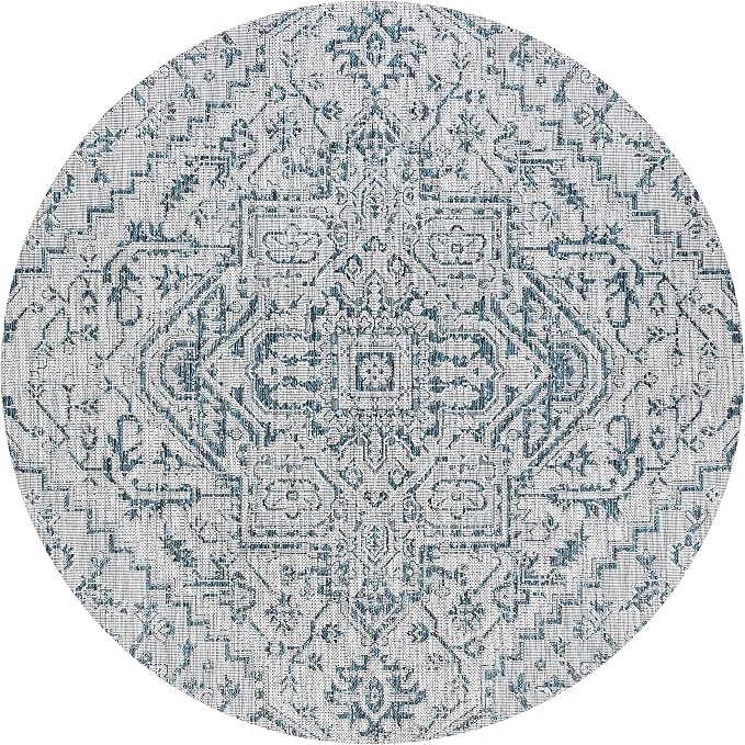 JONATHAN Y Boho Medallion Indoor Outdoor Round Area Rug 9 Ft Teal/Gray, Estrella Textured Weave for Backyard, Patio, Porch, Easy-Cleaning, High Traffic, Pet-Friendly, Non-Shedding (SMB105C-9R)
