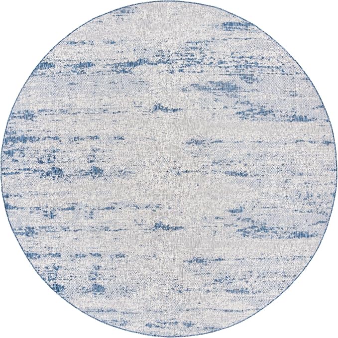 Unique Loom Outdoor Modern Collection Area Rug - Cartago (10' Round, Blue/ Ivory)