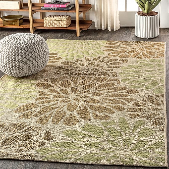 JONATHAN Y Floral Textured Weave Indoor Outdoor Area Rug 8X10 Sage/Brown, Zinnia Modern for Backyard, Patio, Porch, Easy-Cleaning, High Traffic, Pet-Friendly, Non-Shedding (SMB110A-8)